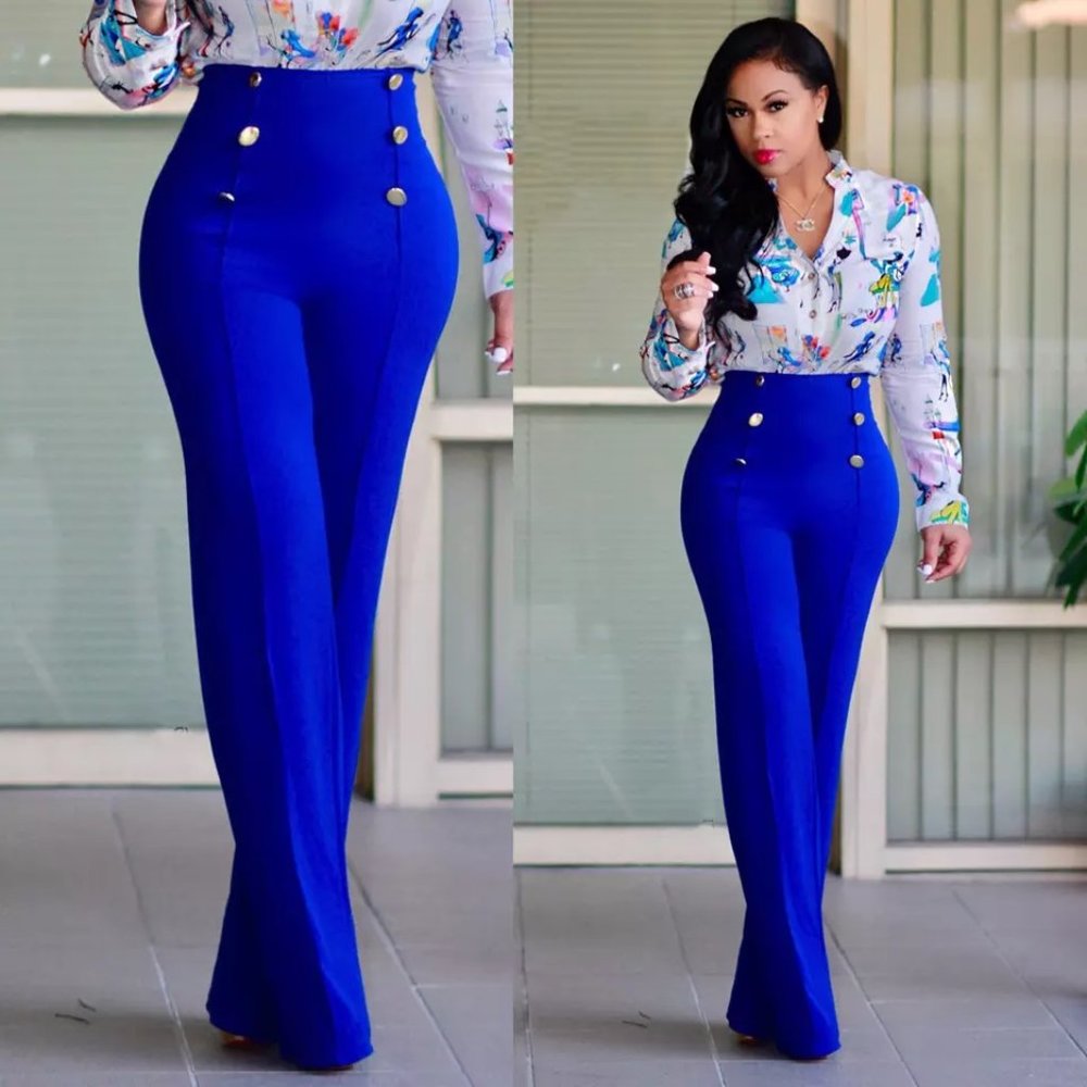 Double-Breasted Long Horn Pants Casual Flared Trousers